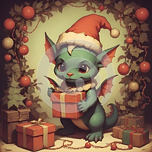 Cute little baby dragon in Santa Claus hat with gift boxes on background of New Year\'s decor and Christmas tree.