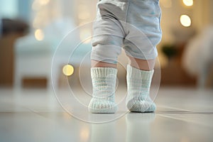 Cute little baby feet with socks, making first steps