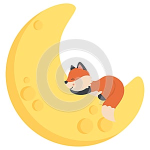 Cute Little Baby Fox Sleeping on Crescent Moon Kawaii Style Flat Vector Illustration Isolated on White