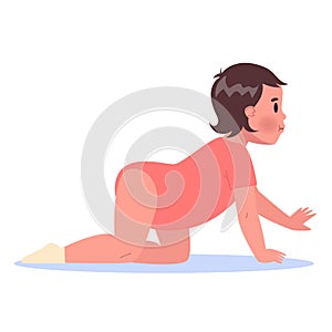 Cute little baby girl crawling. Five month old child. Kid in the pink