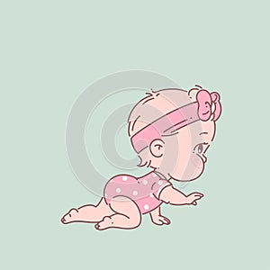 Cute little baby girl in diaper, pink bodysuit, crawling