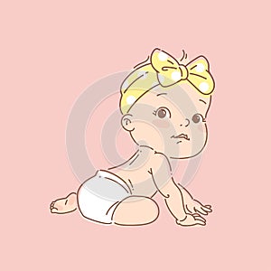 Cute little baby girl in diaper, siting