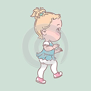 Cute little baby girl in diaper, t-shirt, skirt