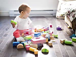 Cute little baby girl play with plastic bricks sitting indoors on a tiles floor