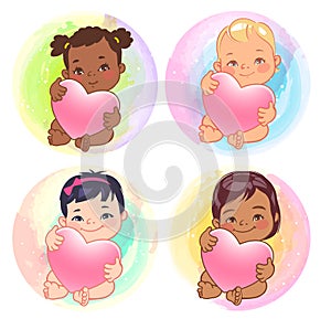 Cute little baby girls of various nations hold heart.