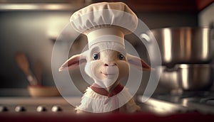 Cute little baby goat with chef hat and bow in the kitchen