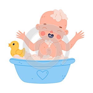 Cute Little Baby or Infant Bathing in Basin with Foam and Rubber Duck Vector Illustration