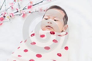 Cute little baby lies on a white cloth and wrapped in quilt, Looking around. on white background