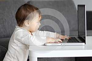 Cute little baby looking attentively at the screen of laptop with his hands on keyboard