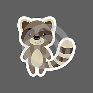 Cute little baby raccoon sticker. Cartoon animal character for kids cards, baby shower, birthday invitation, house interior.