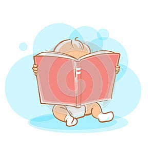 Cute little baby reading book.