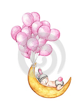 Cute little baby sleeping on the moon flying with pink balloons.