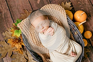 Cute little baby sleeping in a wicker basket of twigs with leaves and little orange pumpkins.