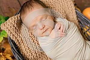 Cute little baby sleeping in a wicker basket of twigs with little orange pumpkins.