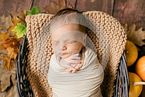 Cute little baby sleeping in a wicker basket of twigs with little orange pumpkins.