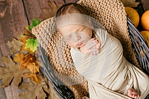 Cute little baby sleeping in a wicker basket of twigs with little orange pumpkins.