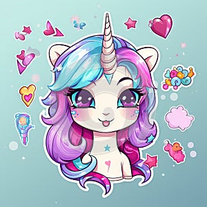 Cute little baby unicorn with rainbow and flowers illustration set Generative AI