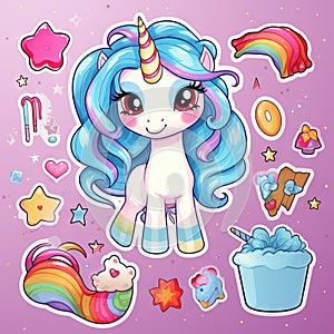 Cute little baby unicorn with rainbow and flowers illustration set Generative AI