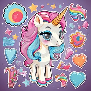 Cute little baby unicorn with rainbow and flowers illustration set Generative AI