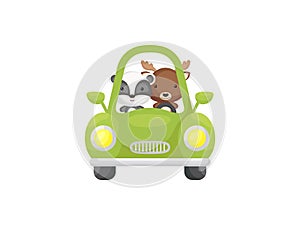 Cute little badger and moose driving green car. Cartoon character for childrens book, album, baby shower, greeting card, party