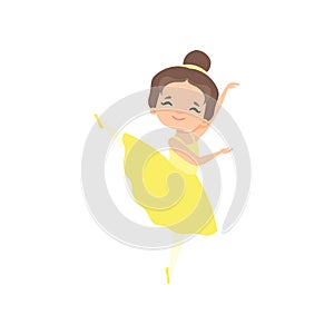 Cute Little Ballerina Dancing, Brunette Girl Ballet Dancer Character in Yellow Tutu Dress Vector Illustration