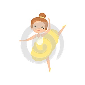 Cute Little Ballerina Dancing, Lovely Girl Ballet Dancer Character in Yellow Tutu Dress Vector Illustration