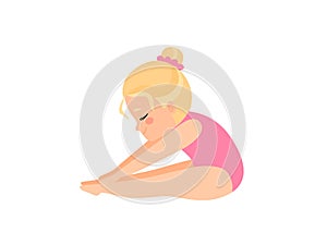 Cute Little Ballerina Doing Exercise, Blonde Girl Gymnast Character in Pink Leotard Vector Illustration
