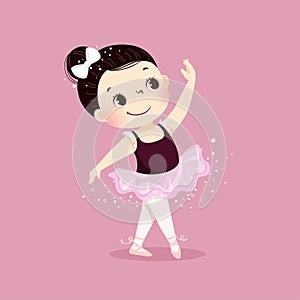 Cute little ballerina girl dancing on pink background. Kid in ballet class