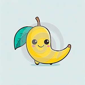 Cute little banana fruit with leaf. Funny and friendly food faces. Chibi happy cartoon characters