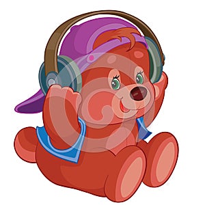 Cute little bear in a cap listens to music in big headphones, isolated object on a white background, cartoon illustration, vector