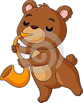 Cute little bear cartoon playing golden trumpet
