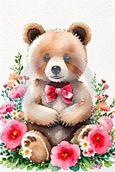 Cute little bear cub holding flower bouquet. Watercolor drawing