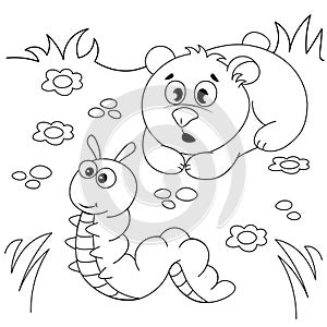 A cute little bear cub looks with surprise at a crawling caterpillar in a forest clearing. Coloring book for children