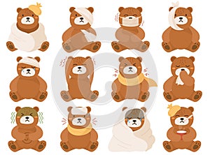 Cute little bear with flu cold or virus infection disease symptoms isolated set vector illustration