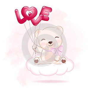 Cute Little Bear holding balloon Valentine`s day concept