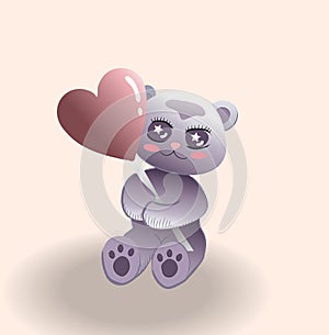 Cute little bear with red cheeks holding a balloon in heart shape