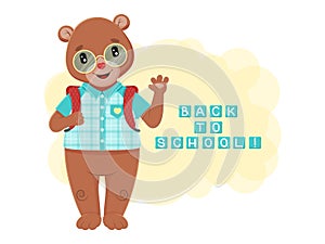 Cute little bear, schoolboy on yellow background.