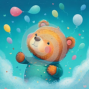 Cute little bear vivid color background. Cartoon style baby animal illustration, generative AI