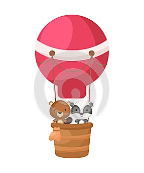 Cute little beaver, badger fly on red hot air balloon. Cartoon character for childrens book, album, baby shower, greeting card,