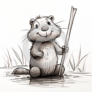 Cute Little Beaver Holding Stick: Monochrome Toning Illustration