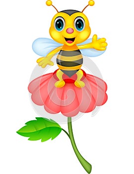 Cute little bee cartoon on red flower