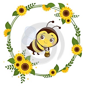 A cute little bee is holding a pot of honey. Frame from yellow flowers of sunflower and leaves. Cartoon style, vector.