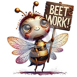 A cute little bee with wooden sign board and text on it Beet Work.