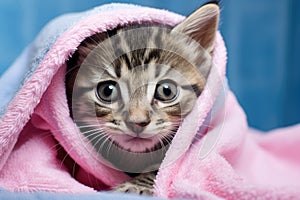Cute little bengal kitten wrapped in pink blanket and looking at camera, cute wet gray tabby cat kitten after bath wrapped in pink