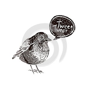 Cute little bird in linocut retro style, vintage silhouette of bird with tweet speech bubble isolated on white