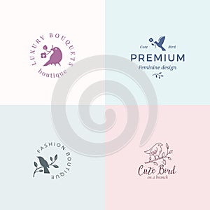 Cute Little Bird Vector Signs or Logo Templates Set. Classy Typography, Birds and Flowers. Premium Quality Feminine