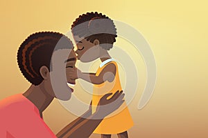 Cute little black african american daughter girl kid kisses her happy father dad cartoon vector illustration.