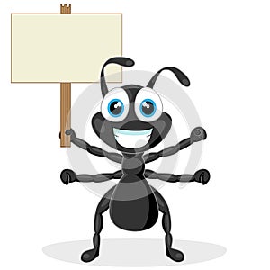 Cute little black ant with wood sign
