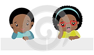 Cute Little Black Boy and Girl Kawaii Style With Banner Set Flat Vector Illustration Isolated on White