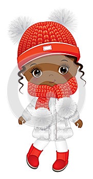 Cute Little African American Girl Wearing Winter Outfit. Vector Trendy Black Girl